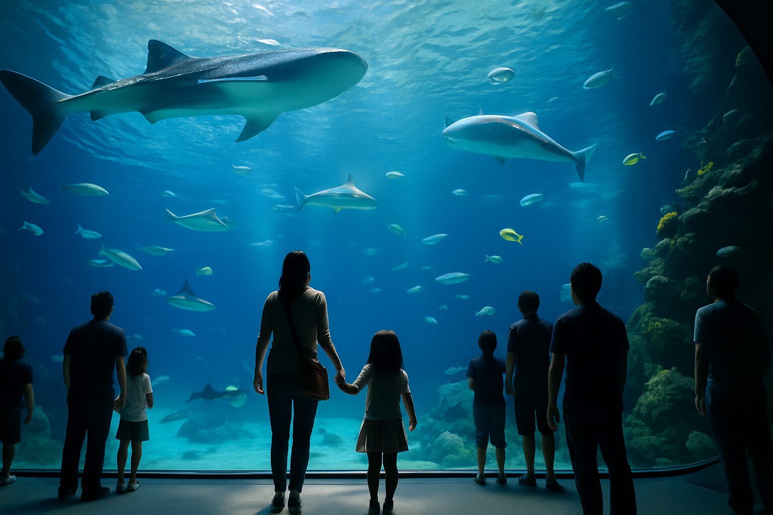 大型水槽の前で海の生き物を眺める来館者たち。中央には母親と手をつないだ子どもが立ち、目の前を泳ぐジンベエザメやカラフルな魚たちに見入っている。