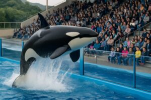 神戸須磨シーワールドのショープールで、ジャンプするシャチの姿。水しぶきが舞い上がり、観客席では親子連れが歓声を上げている。