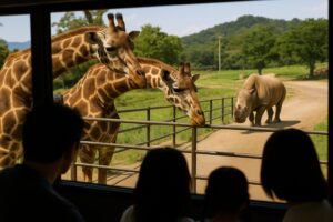 ドライブスルーサファリで草原を歩くキリンとライオン。背景には広々とした自然の風景が広がり、車から観察する家族の姿が見える。