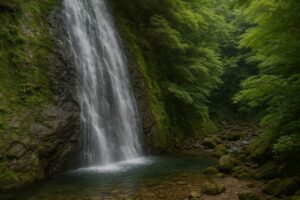 木々に囲まれた森の中を流れる滝と清流。岩肌を流れ落ちる水が美しい緑の中に映える、静かな自然の風景。