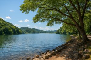 「池のほとりにボートが並ぶ、緑に囲まれた穏やかな公園風景。岸辺には散策する家族連れの姿が見える。