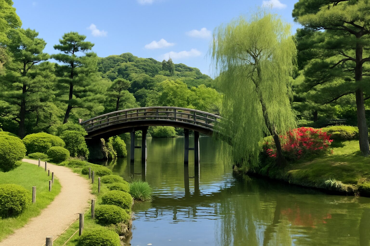 青もみじに囲まれた京都の庭園を親子で散策する様子。自然豊かな和の風景が静かに広がっている。