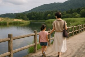 温室のガラス越しに見える色とりどりの熱帯植物と歩く親子。自然を感じながら園内を散策する様子。
