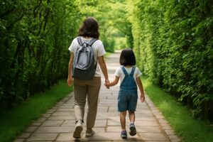 木々に囲まれた公園で、母親と幼い娘が遊具を前に楽しそうに過ごしている様子。自然と笑顔があふれる親子のひととき。
