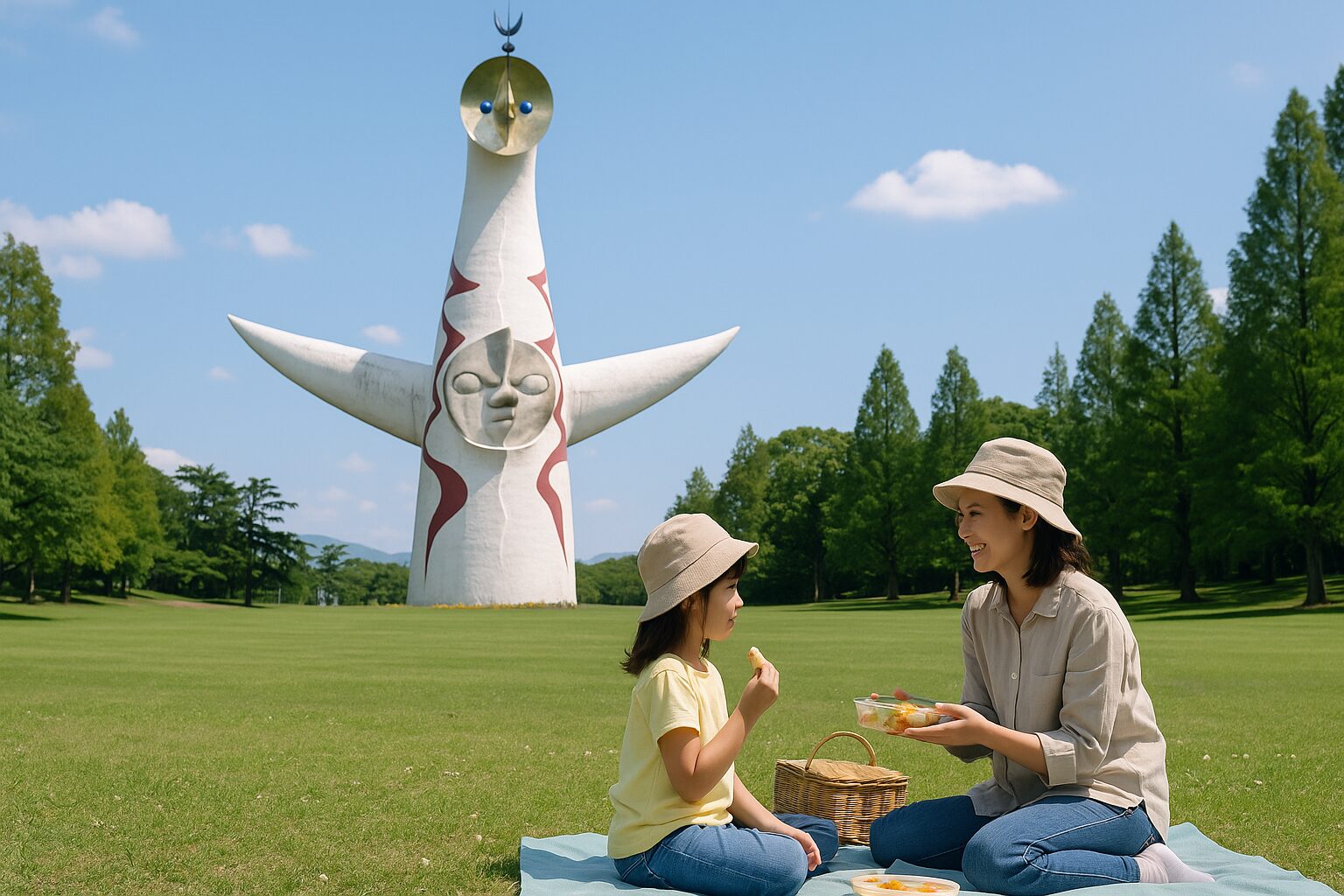芝生広がる万博記念公園でピクニックを楽しむ母と娘。背景には太陽の塔がそびえ立ち、青空と緑に囲まれた穏やかな風景。