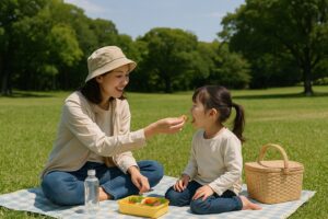 芝生の上でピクニックを楽しむ母と娘の様子。自然の中で笑顔を交わす親子の穏やかな時間。