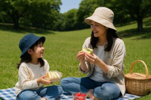 公園の芝生でサンドイッチを手に笑い合う母と娘。のんびりとした自然の中で過ごす親子のひととき。