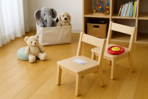 木のフローリングの上に子ども用のイスが2脚並び、それぞれにおもちゃのハンドルと切符が置かれている。ぬいぐるみや絵本棚もあり、電車ごっこの雰囲気が広がる。