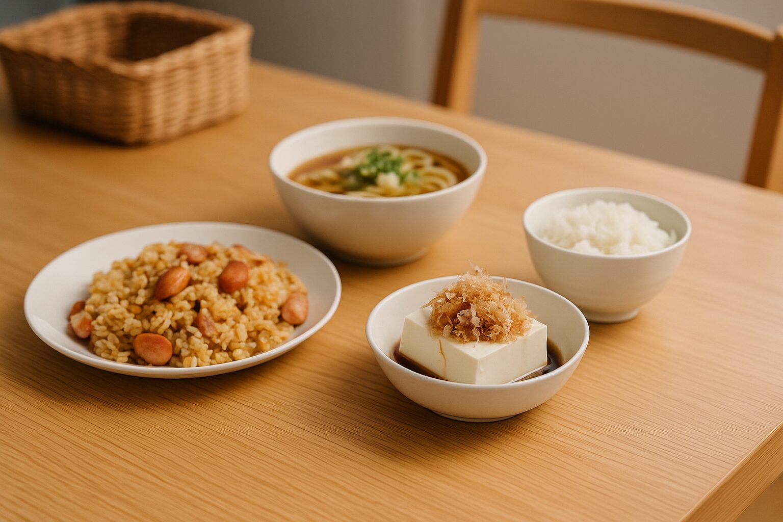 明るい木のテーブルに並べられた手作りの家庭料理。炒飯、冷ややっこ、うどん、白ごはんがそれぞれ白い器に盛りつけられ、やさしい光に包まれている。
