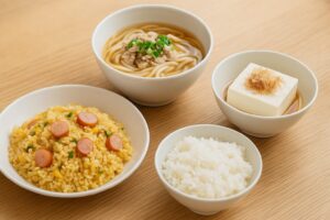 木目のテーブルに、ウインナー炒飯、うどん、冷ややっこ、白ごはんの4品が白い器で並び、家庭的な雰囲気の簡単夕食が整っている。