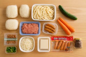 木目のテーブルの上に、ごはん・冷凍うどん・ウインナー・豆腐・ひき肉・野菜・納豆・調味料などが整然と並び、家庭でよく使う常備食材がひと目でわかる構成。