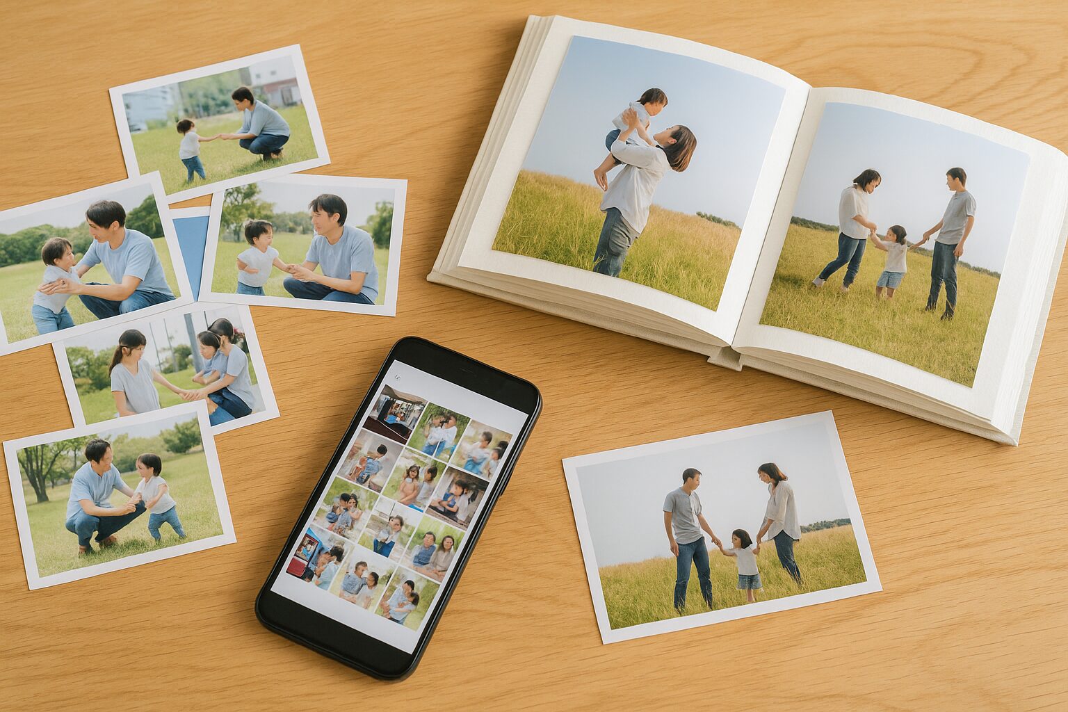 木目のテーブルに広がる家族の思い出。スマートフォンと数枚のプリント写真、開いたフォトアルバムに家族の姿が収められており、やさしい光に包まれている。