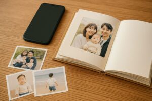 木製テーブルの上に広げられた数枚の家族写真と、表紙を閉じたフォトアルバム。やわらかな光の中で、スマートフォンと一緒に思い出が整然と並べられている。