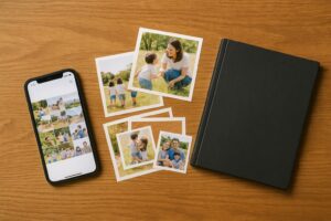 スマートフォンと数枚のプリント写真がテーブルに並び、黒い表紙のアルバムが横に添えられている。デジタルとアナログの両方で家族の思い出を大切に残している様子。