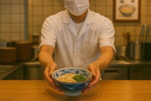 白衣とマスク姿の店員が、カウンター越しに温かいうどんの入った丼を手渡している様子。