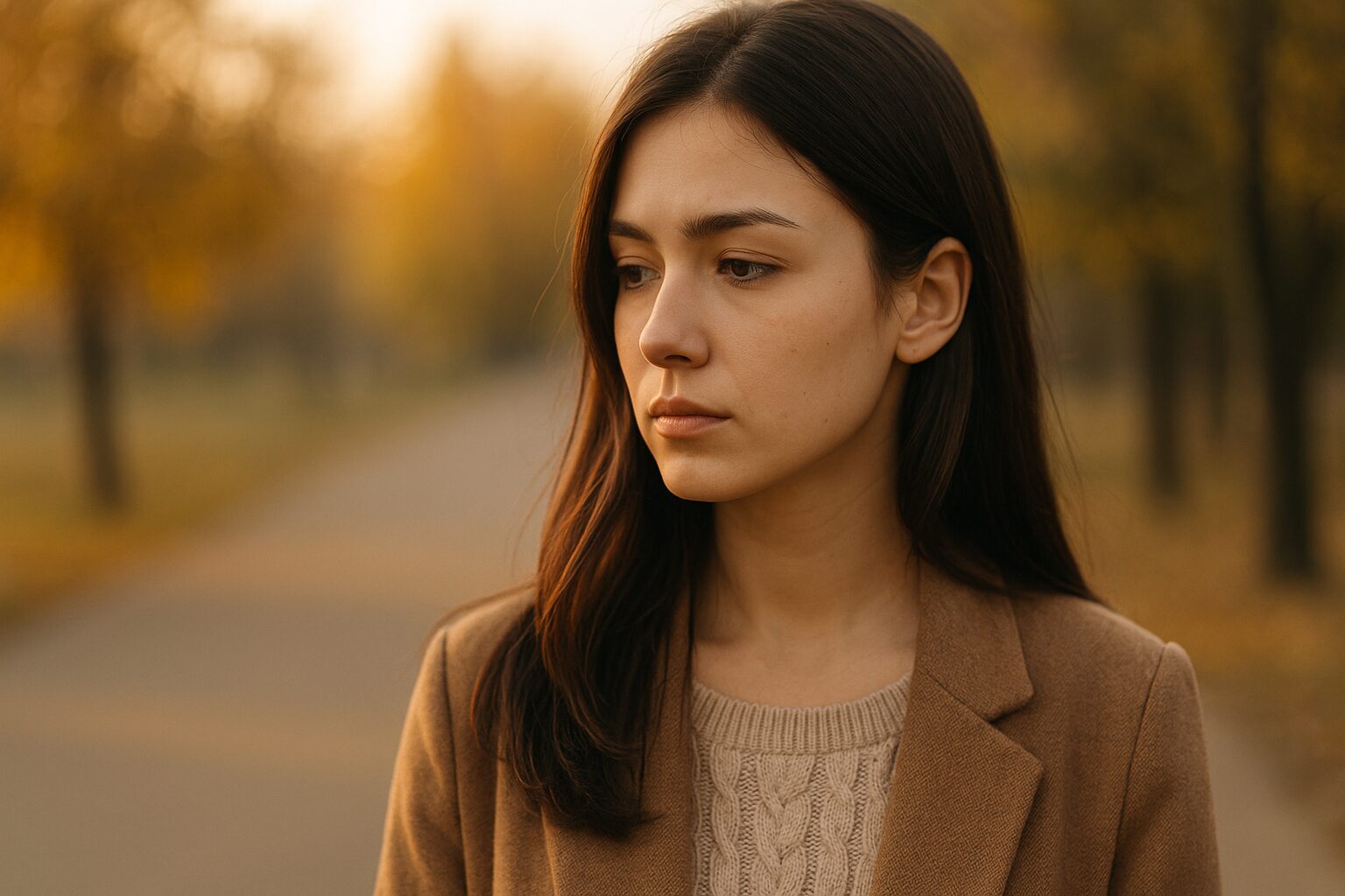 秋の公園で、落ち着いた表情を浮かべる若い女性。夕暮れの柔らかな光に包まれ、考えごとをしている様子が伝わる。