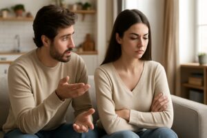 ソファに座って話す男女。男性が言葉をかける一方、女性は腕を組んでうつむき加減になっている。