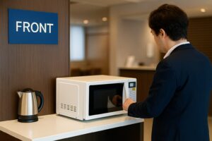 ホテルのフロント近くにあるカウンターで、男性が電子レンジを操作している様子。
