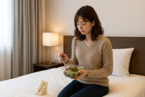 ホテルのベッドに座る若い女性が、電子レンジ不要のサラダとサンドイッチで夕食をとっている様子。