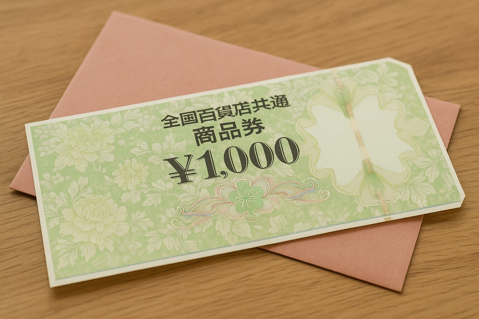 全国百貨店共通商品券と封筒がテーブルに置かれている様子
