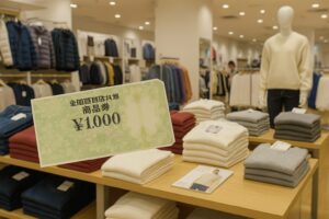 全国百貨店共通商品券と衣料品売り場の様子。ブランドロゴは写っていない