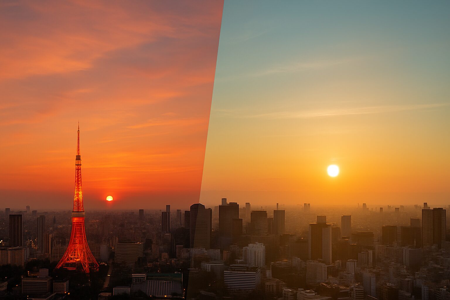 東京の街並みを背景に、左に夕焼け空、右に朝焼け空が広がる合成風景