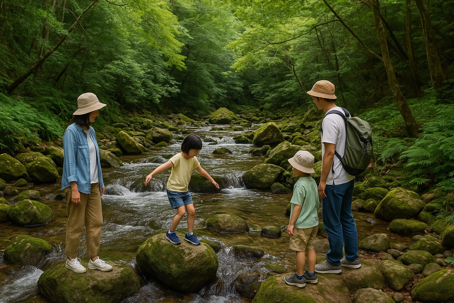 緑あふれる渓流の中で、家族4人が岩の上を歩きながら自然を満喫している様子。木漏れ日が差し込む森林の中、穏やかな川のせせらぎに囲まれて親子が笑顔で過ごしている。