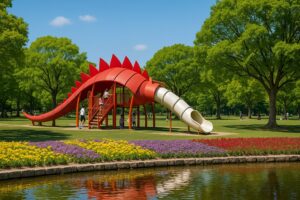 芝生広場と花壇が広がる公園内に、赤いドラゴン型の遊具が設置された風景。晴れた日に親子が遊ぶ様子が見える。