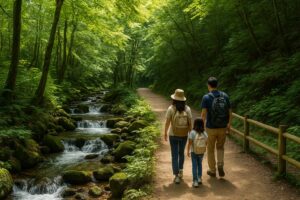 木漏れ日が差し込む緑の森を、家族が並んでハイキングしている様子。左手には小川が流れ、苔むした岩が点在する静かな山道。