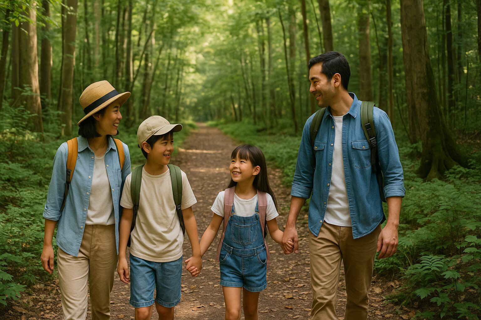 緑豊かな森林の中を、笑顔の家族4人が手をつないでハイキングしている様子。木漏れ日が差し込む自然の小道を楽しそうに歩く親子の姿。