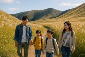 ススキが広がる高原を、家族4人が笑顔で歩いている。秋晴れの空と黄金色の風景に包まれたハイキングシーン。