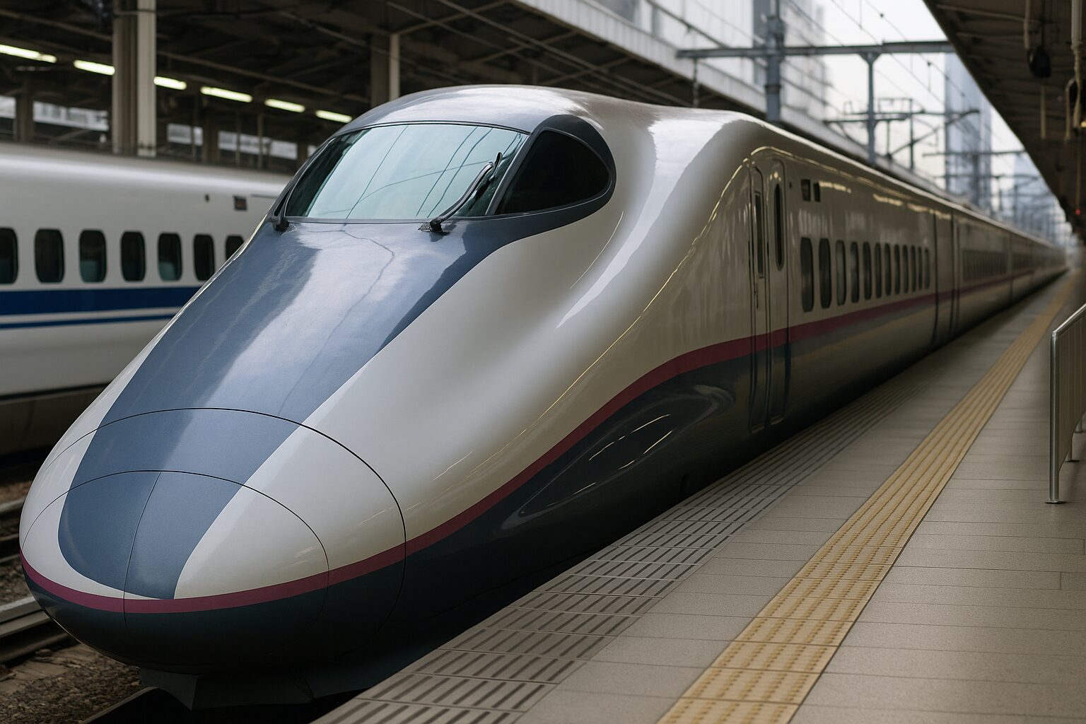新幹線のホームに停車中の列車と、静かな朝の光に包まれた駅の風景