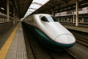 駅のホームに停車する新幹線と、整備されたプラットホームの様子