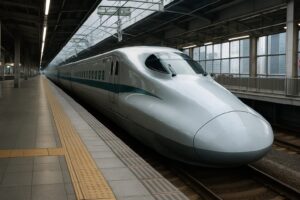 都市部の高架駅に停車する新幹線と、整備されたホームに差し込む自然光