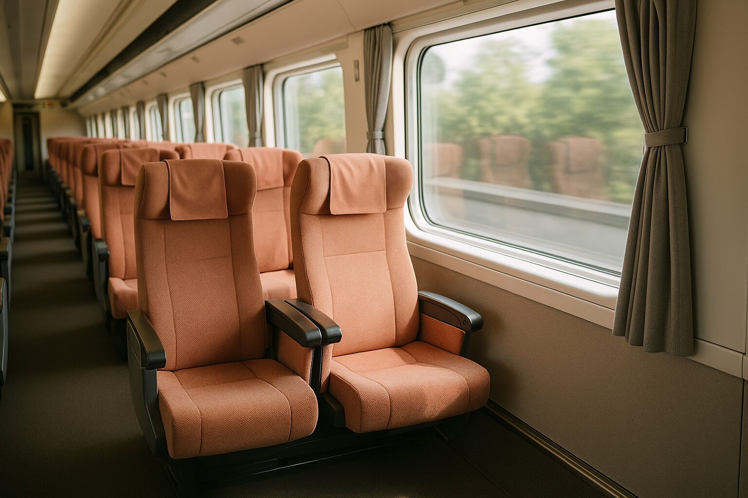 新幹線の車内で、明るく清潔感のある座席が整然と並ぶ様子