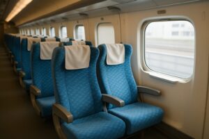 清潔感のある新幹線の座席列。落ち着いた明るさの中、快適な移動の空間が広がる