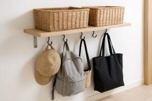 壁に設置されたフックと棚を使い、帽子やバッグをすっきり収納した玄関収納の例。