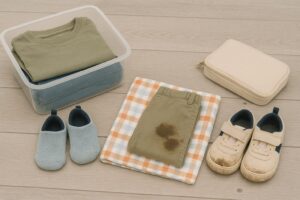 泥汚れがついたズボンや靴をタオルの上に広げ、洗濯の準備を整えた子ども用品一式の様子