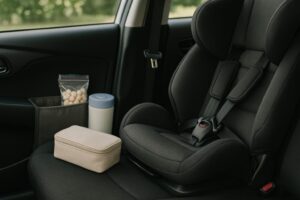 子ども用チャイルドシートの隣におやつポーチやウェットティッシュがセットされ、車内に出発前の準備が整っている様子