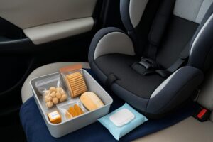 子どものために用意された車内のおやつセット。クラッカーやチーズ、ドライフルーツなどがトレーに並び、隣にウェットティッシュも配置されている様子。