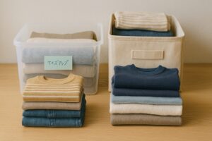収納ボックスに整然としまわれた子ども服が、季節ごと・サイズごとに分けられて並んでいる様子。