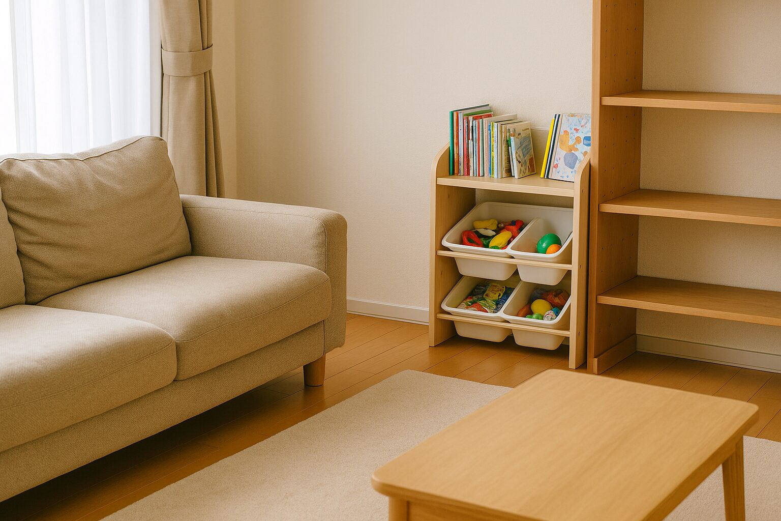 明るい日差しが差し込むリビングに、ベージュのソファと木製の収納棚が配置され、おもちゃと絵本が整然と収納されている様子。