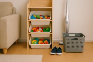 リビングの一角にある木製のおもちゃ棚に、色とりどりのブロックやボールが整然と収納され、隣には掃除道具やかごが配置されている様子。
